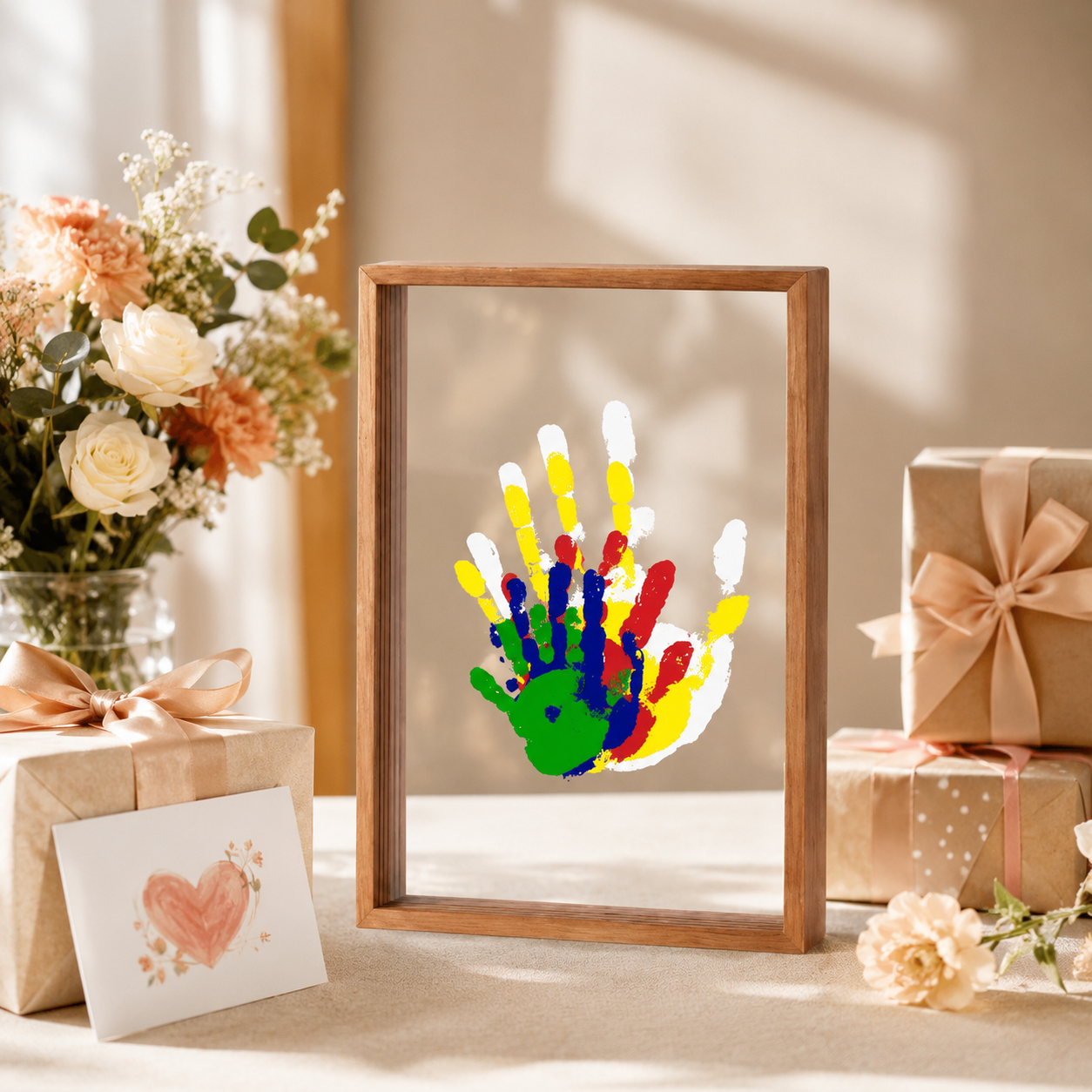 Family Handprint Set, Including 4 Handprint Slots And 6 Colors, Souvenir Frame, Handprint, Family Gift,Father's Day Gift,Mother'S Day Gift,Non-Toxic Pigment