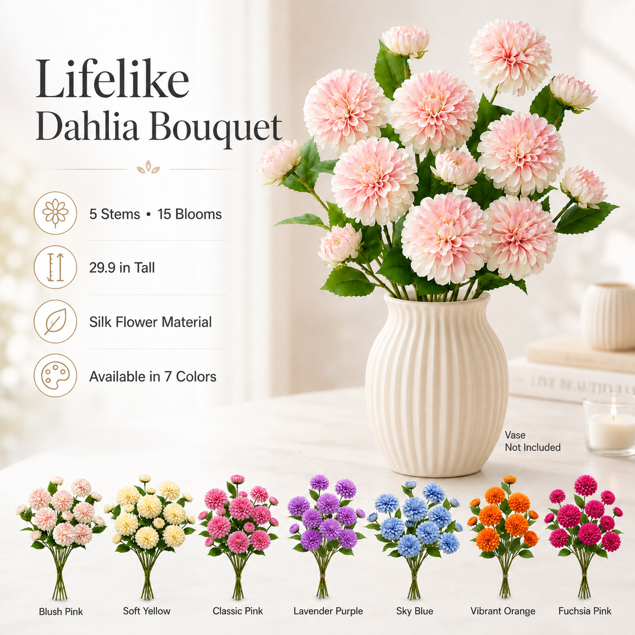29.9 in Lifelike Dahlia Artificial Flower Bouquet – 5 Stems, 15 Blooms