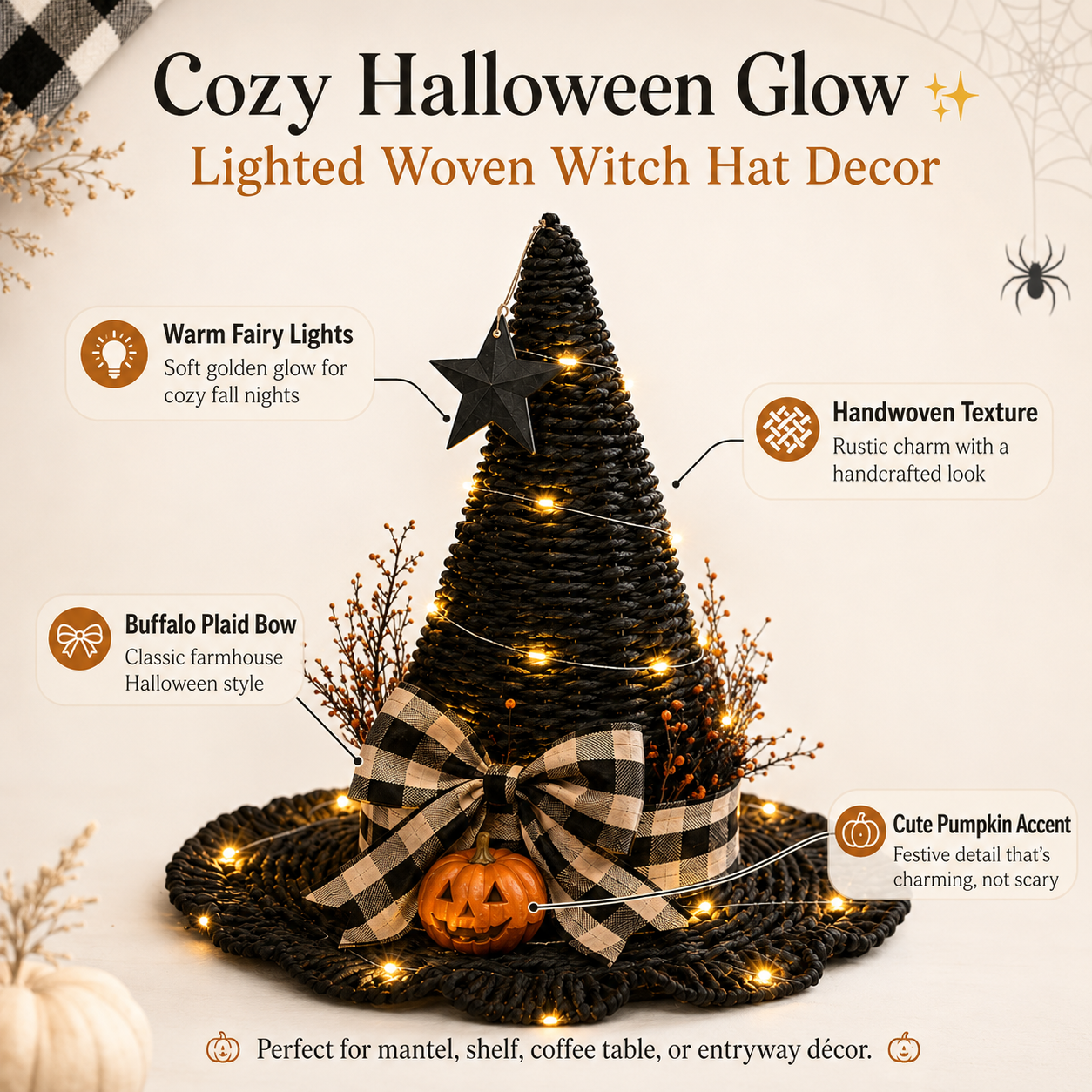 Lighted Woven Witch Hat Decor ✨