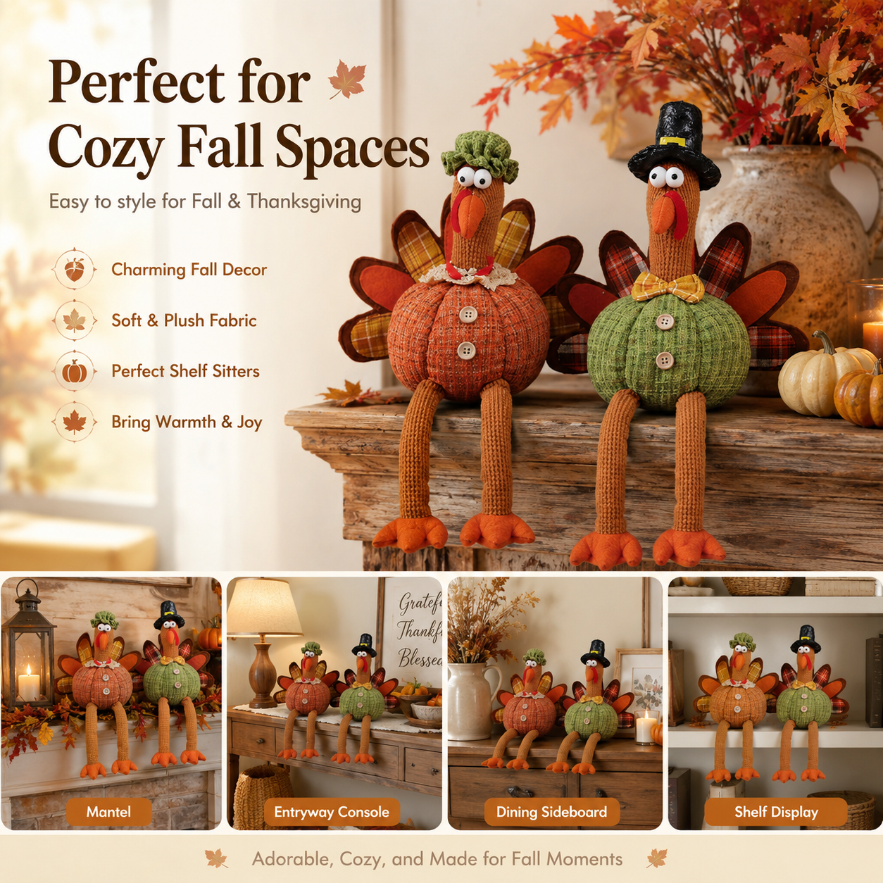 Whimsical Harvest Turkey Couple Shelf Sitters – Set of 2