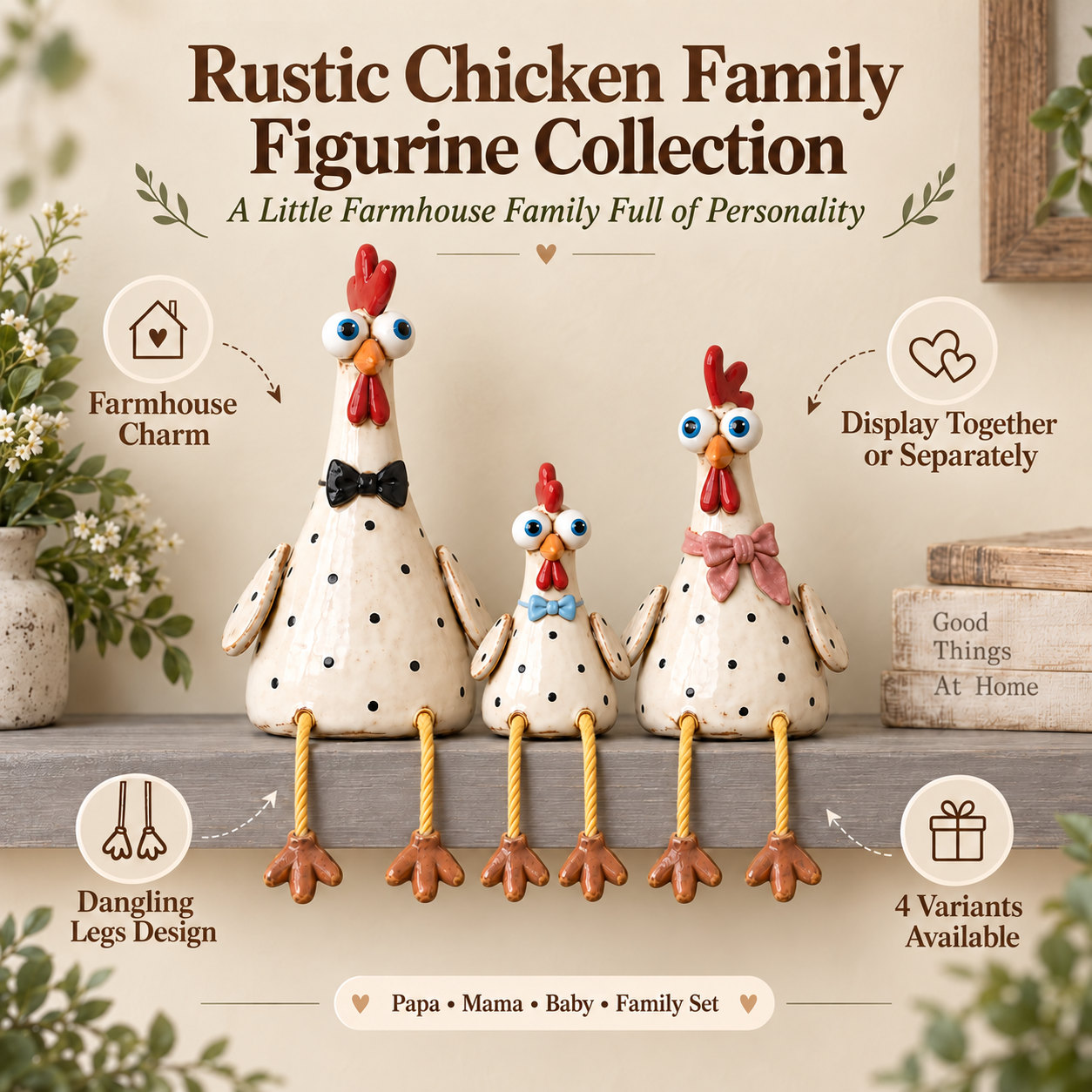 Rustic Chicken Family Figurine Collection - Cute Farmhouse Chicken Decor