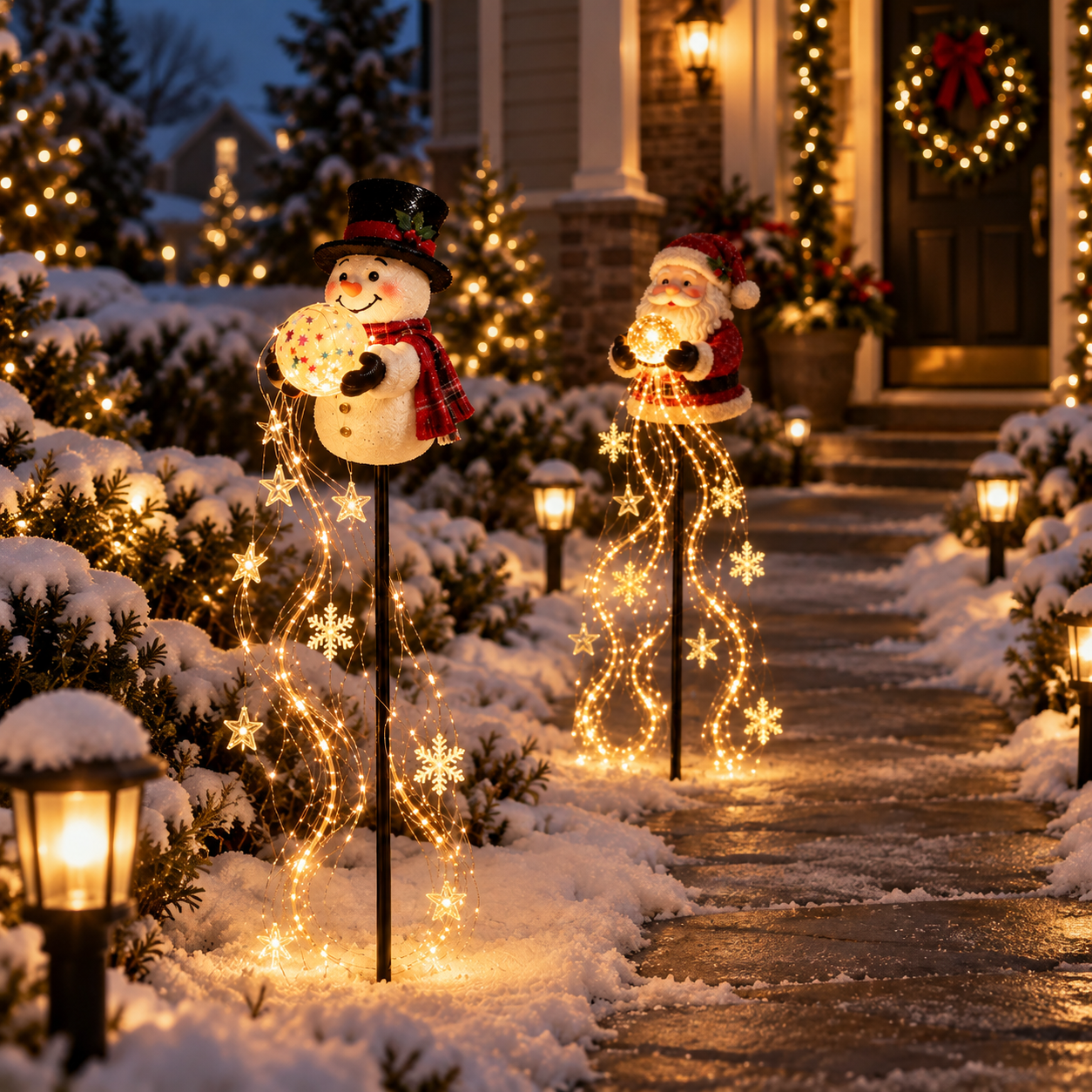 Christmas Magic Fountain Snowman & Santa Garden Stake Light