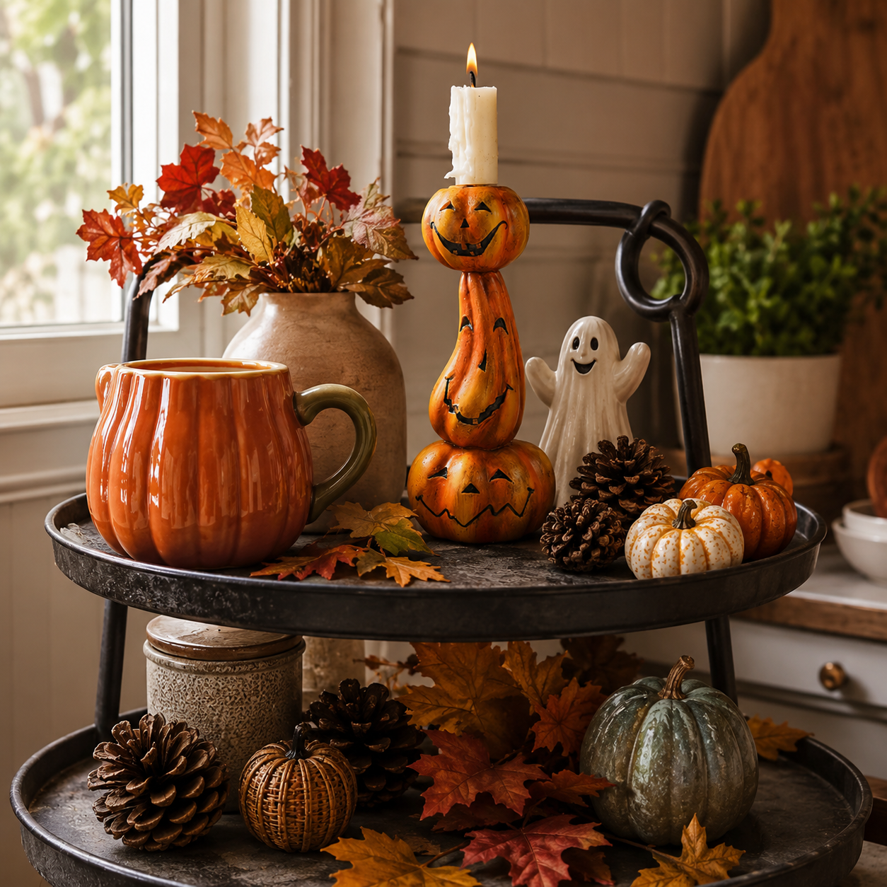 Stacked Jack-O’-Lantern Pumpkin Candle Holder - 6.9 Inch Halloween Resin Candlestick Decor