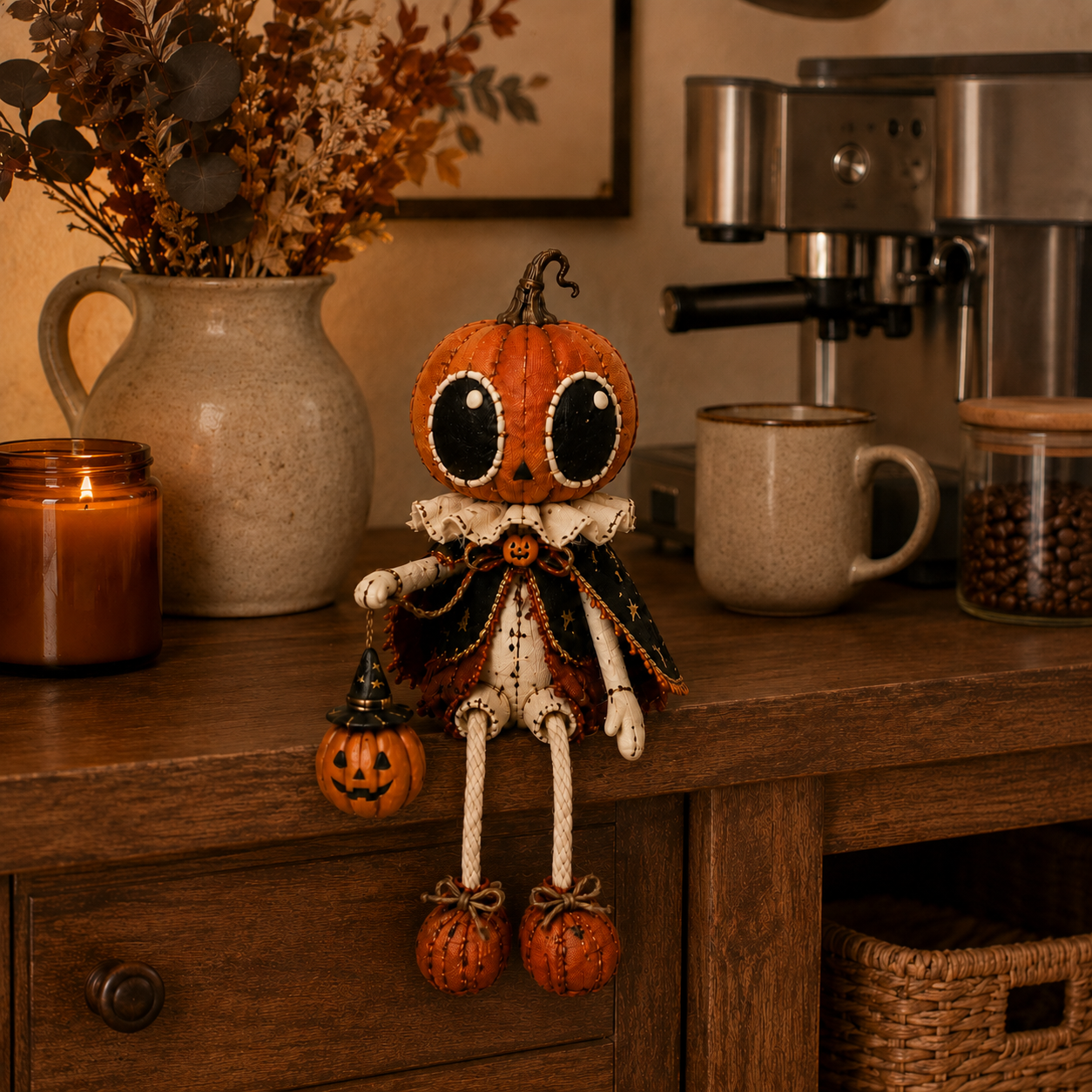 🎃 Vintage Pumpkin Head Dangling Leg Halloween Doll
