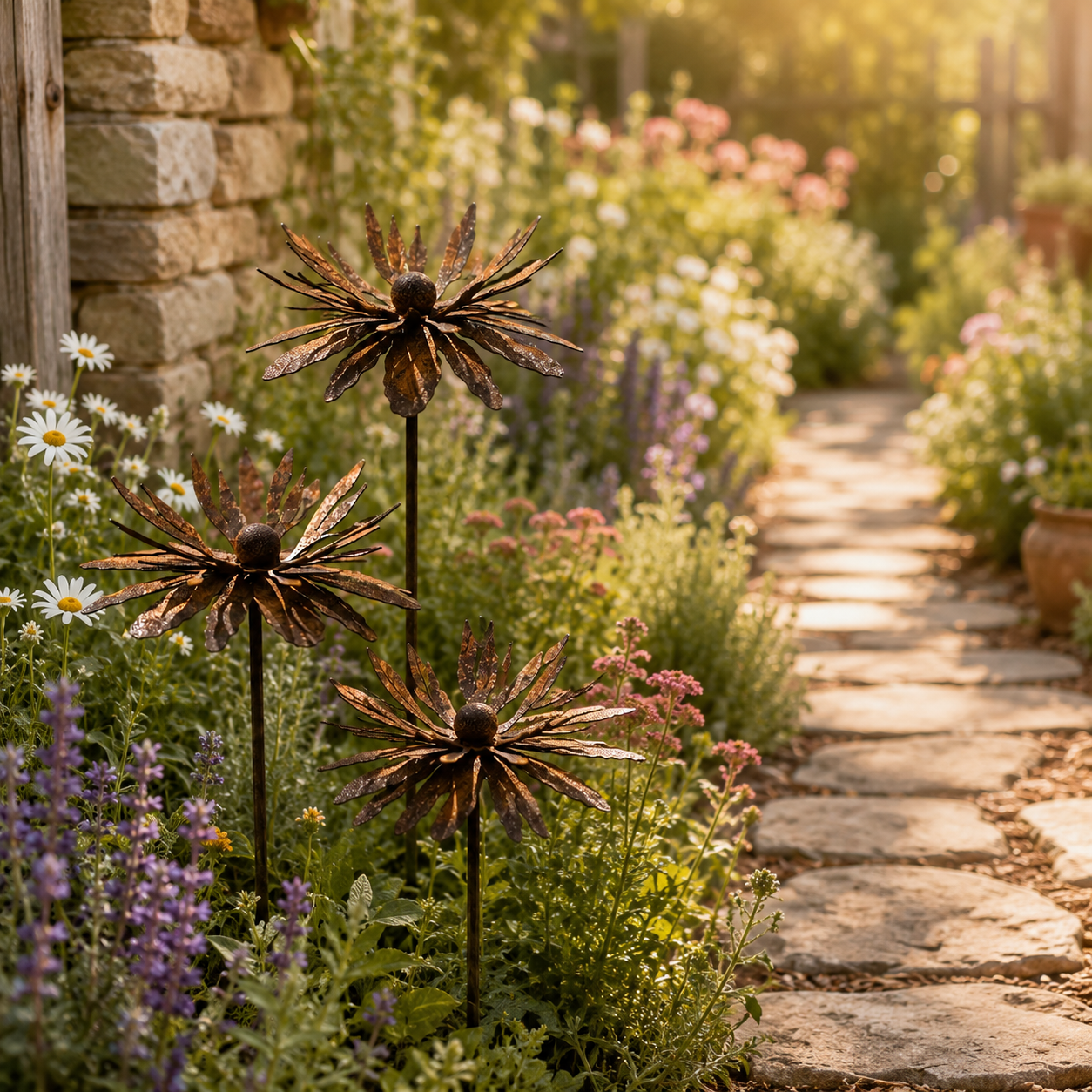 25.6" Tall Vintage Wildflower Metal Garden Stakes - Set of 3