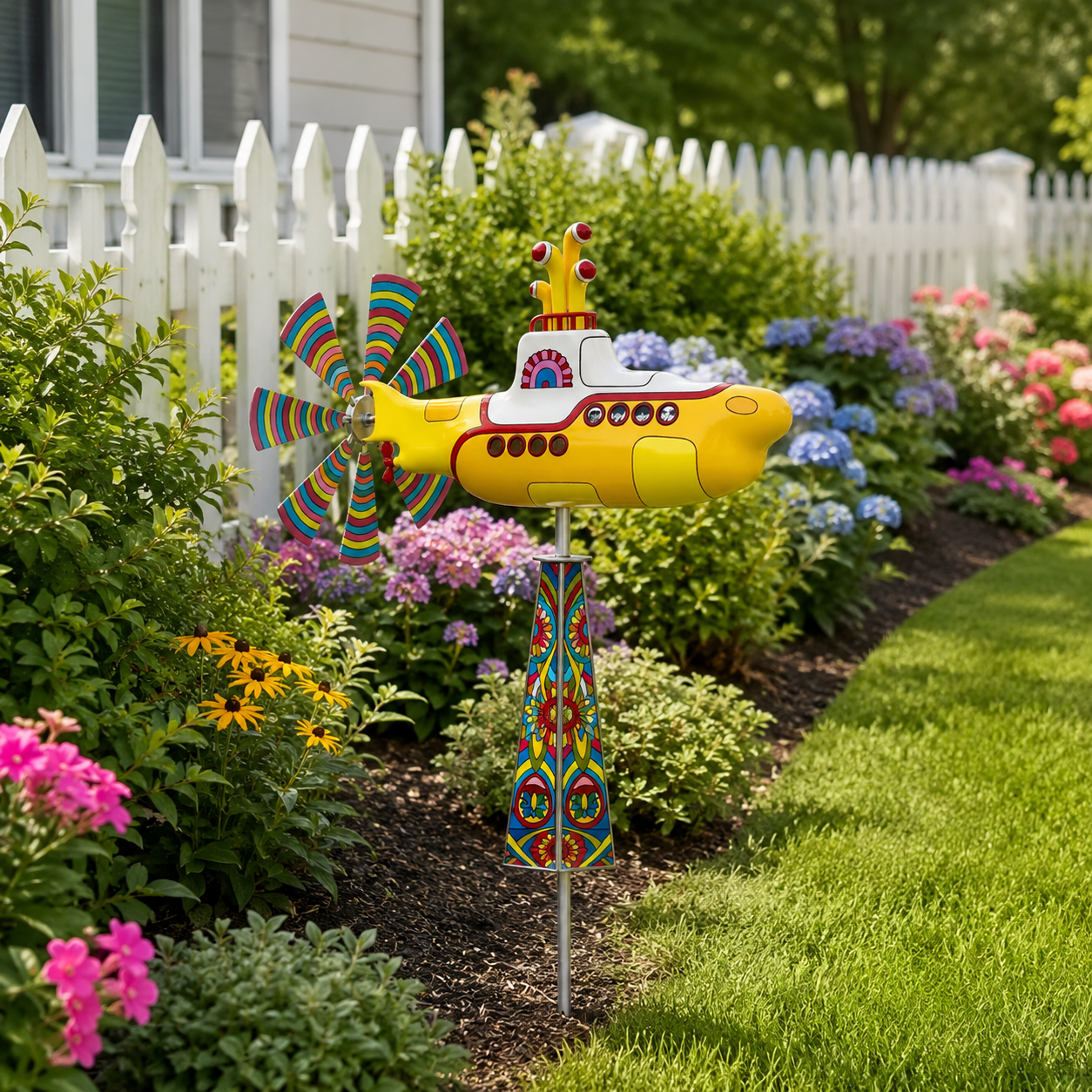 Yellow Submarine Garden Whirligig Wind Spinner Stake, 33.4 Inch Outdoor Yard Windmill Decoration with Colorful Propeller