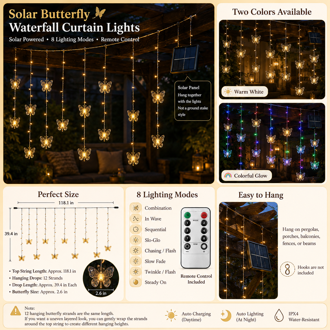 118.1 in Solar Butterfly Waterfall Curtain Lights 🦋✨ Warm White Outdoor Fairy Lights with Remote Control & 8 Lighting Modes
