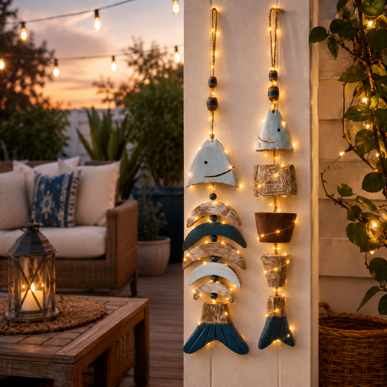 🌊 Lighted Coastal Wooden Fish Hanging Decor Set of 2