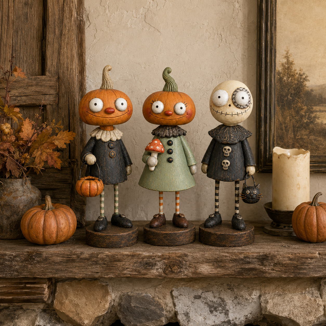 Primitive Pumpkin Friends 3-Piece Set – Vintage Halloween Farmhouse Figurine Collection