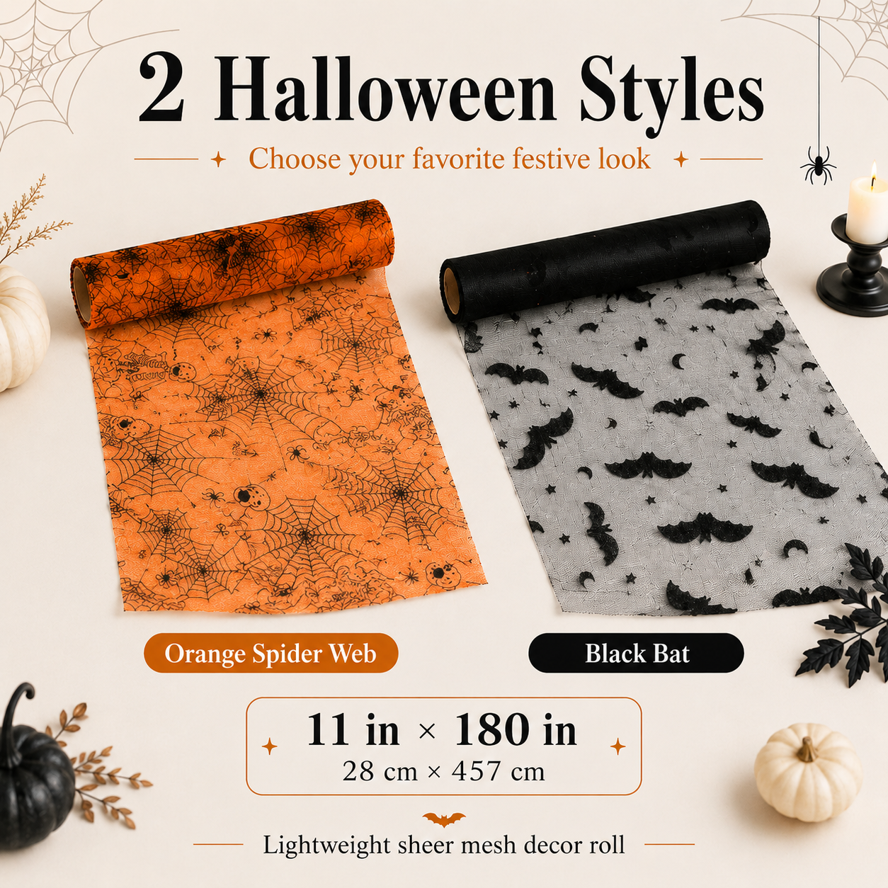 🎃 180 in Halloween Sheer Table Runner Roll Spider Web & Bat Mesh Decor for Party Tables