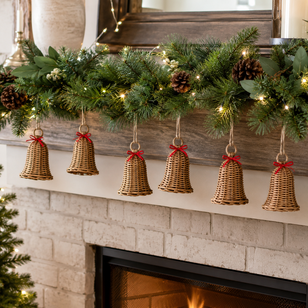 Rustic Woven Christmas Bell Ornaments – 6 Piece Set
