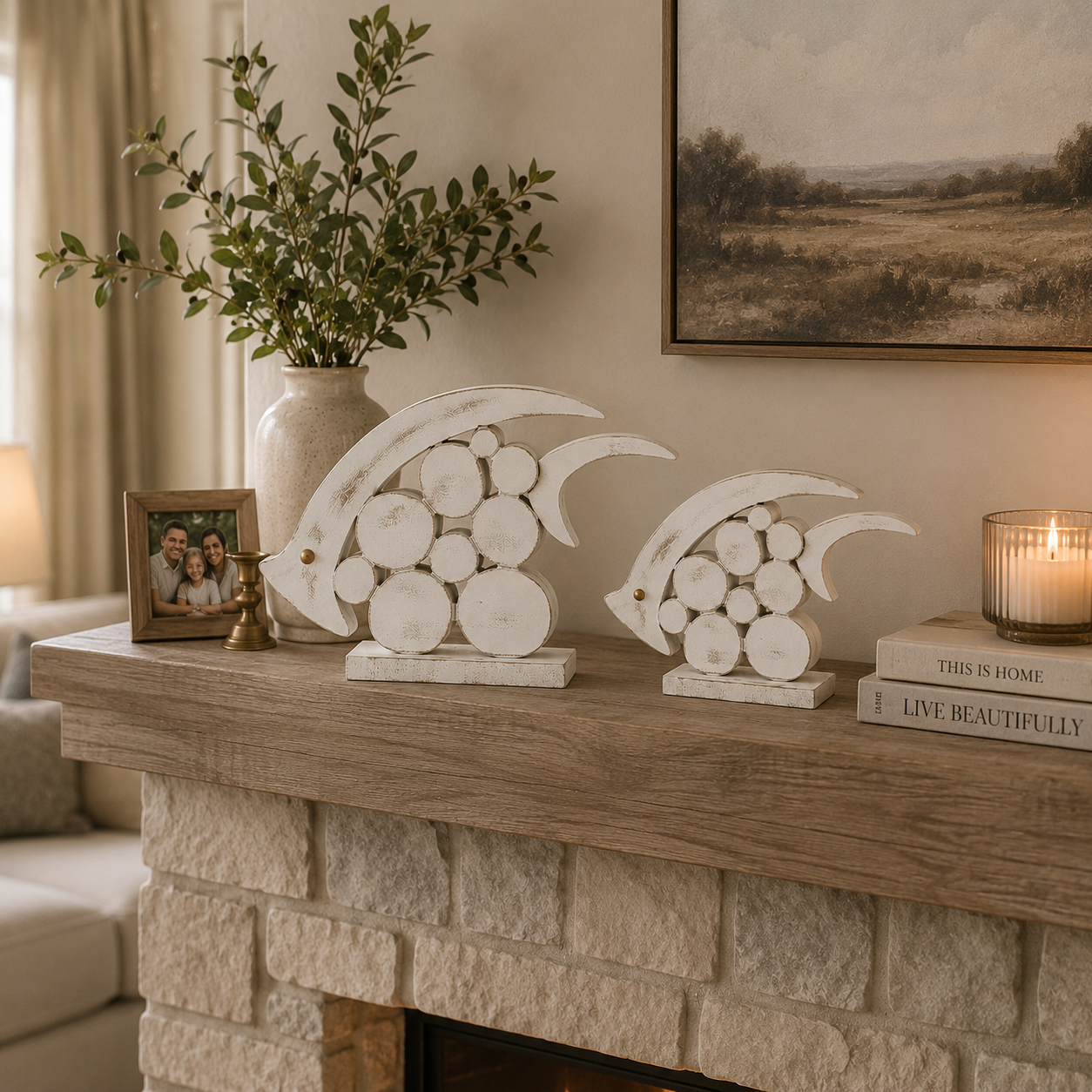 🐟 Coastal Pebble Fish Wooden Decor Set – 2 Pieces