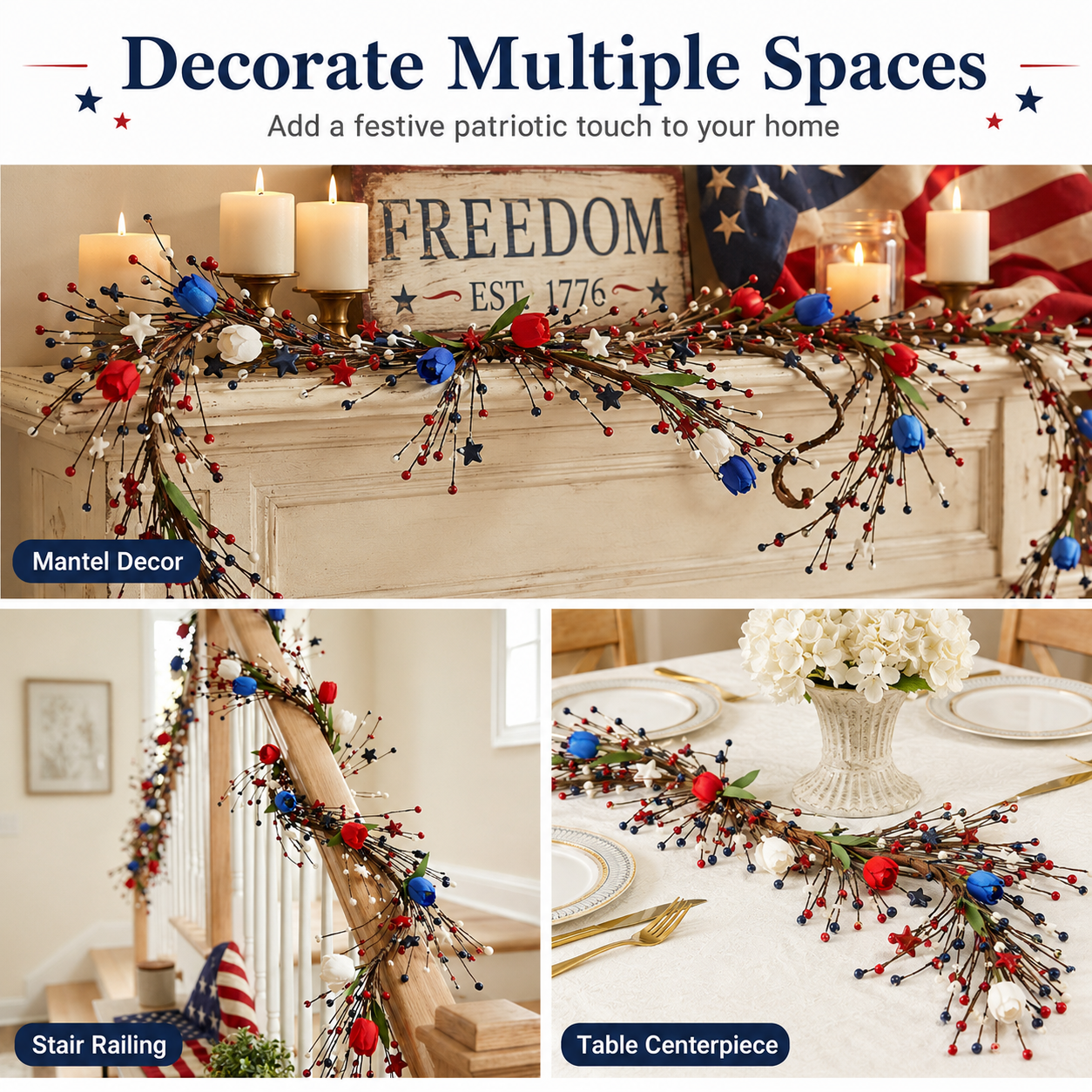 Patriotic Red White Blue Pip Berry Garland with Stars