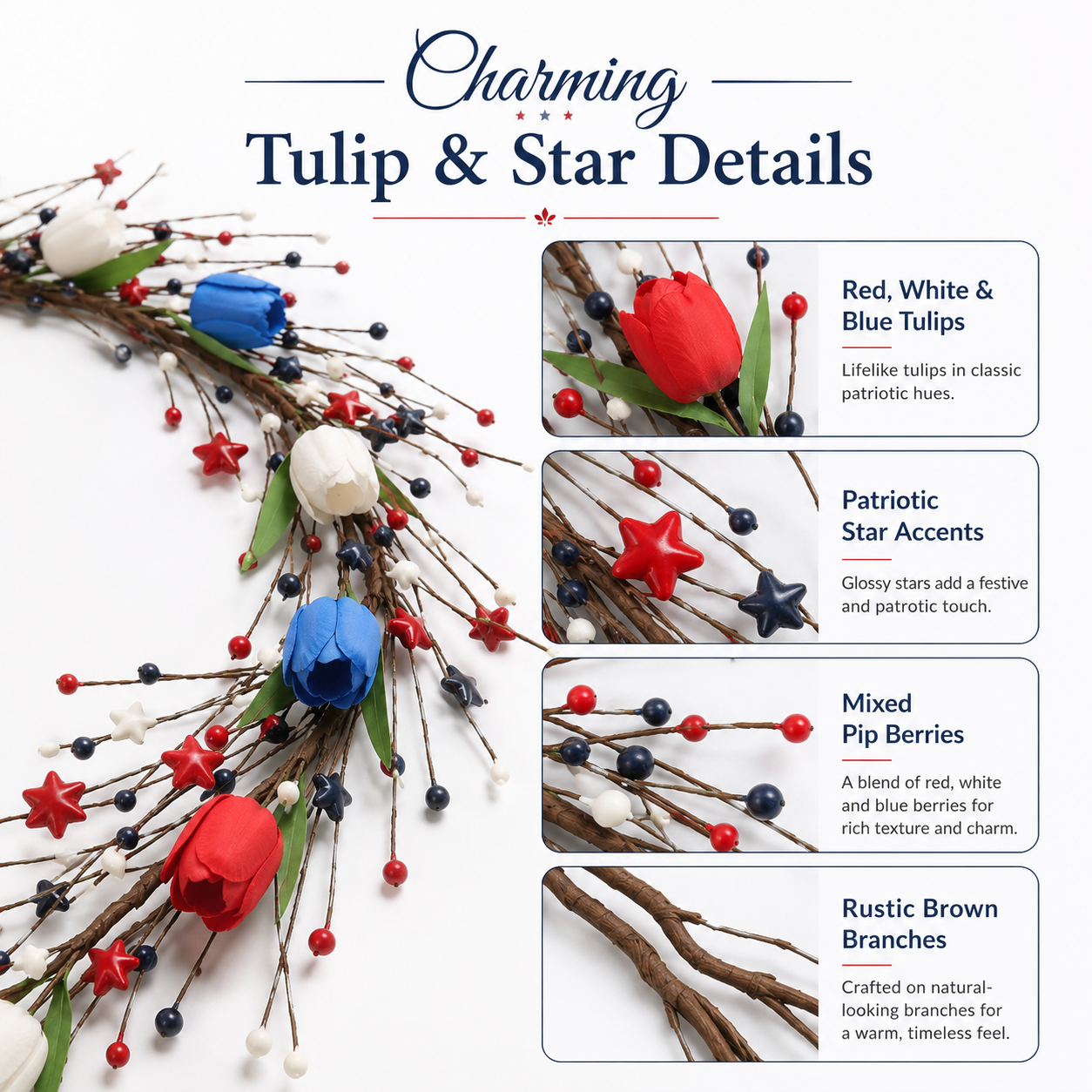 Patriotic Red White Blue Pip Berry Garland with Stars