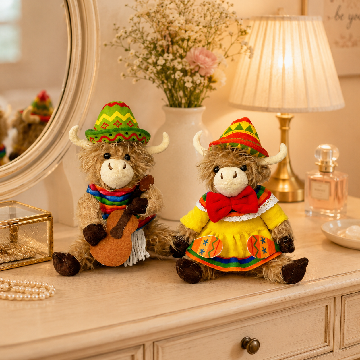 Fiesta Highland Cow Plush Duo – 2-Piece Western Music Farmhouse Decor