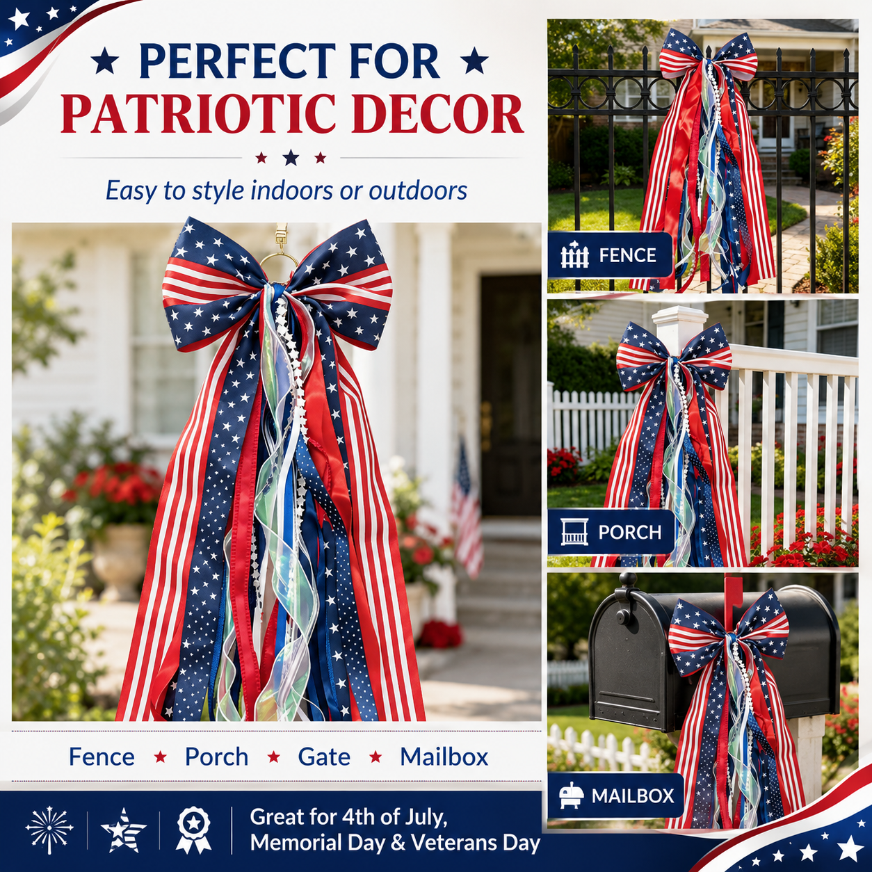 Red White Blue Hanging Ribbon Bow Decoration