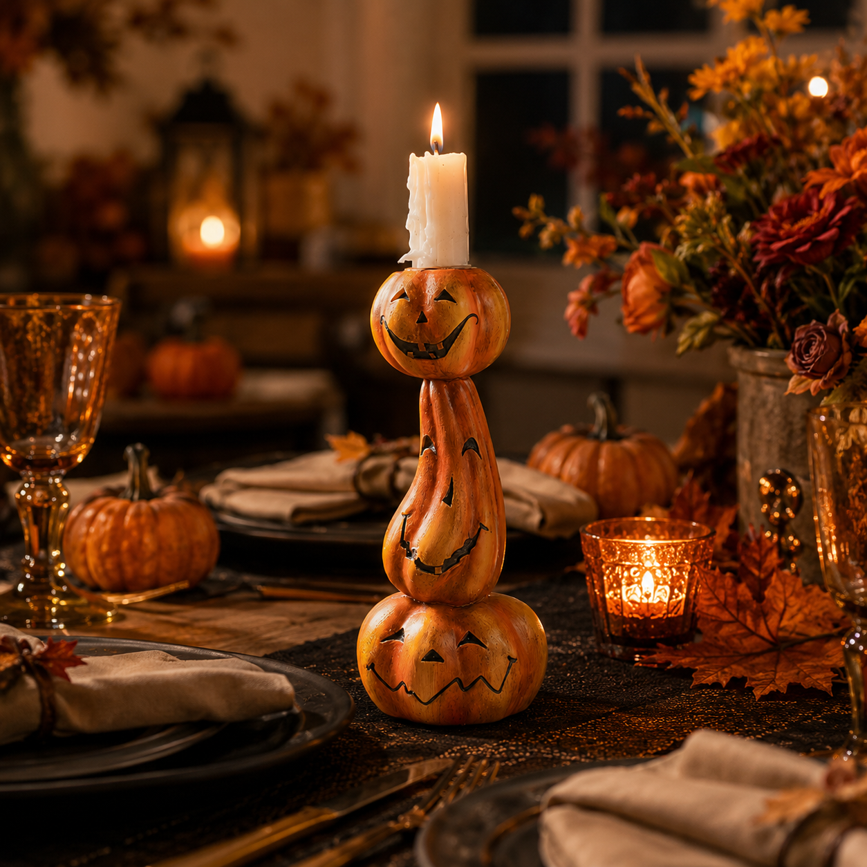 Stacked Jack-O’-Lantern Pumpkin Candle Holder - 6.9 Inch Halloween Resin Candlestick Decor