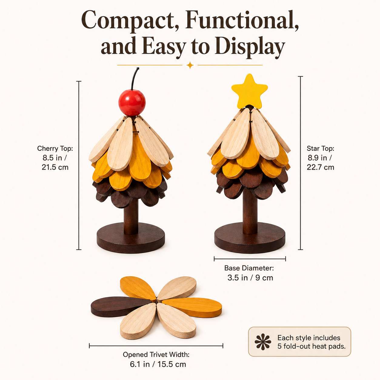 2-in-1 Wooden Trivet Tree Set – 5 Fold-Out Heat Pads 🌳