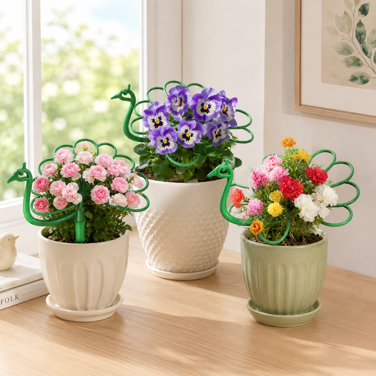 4 Pack Peacock Plant Support Stakes, Green Decorative Garden Plant Holders for Potted Flowers