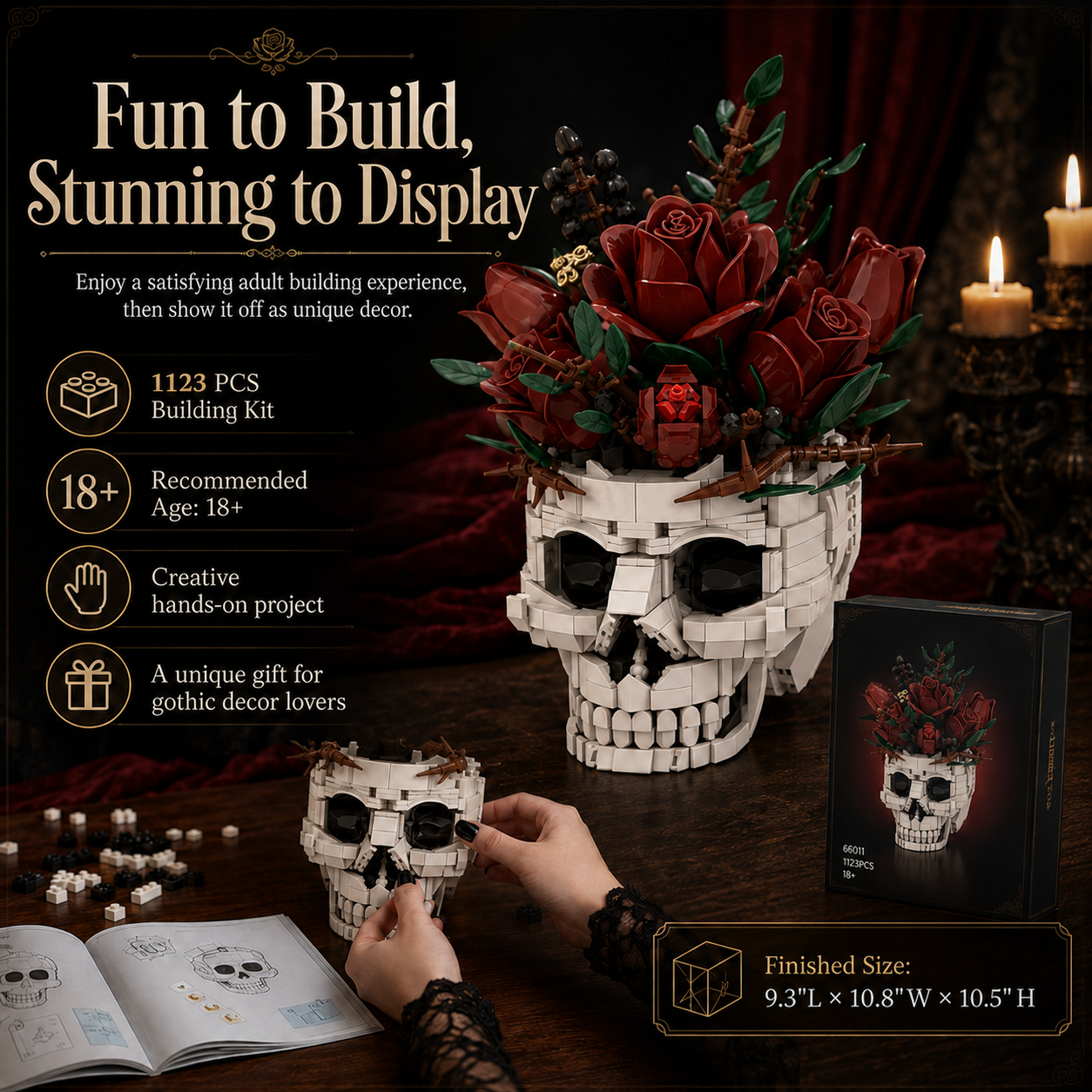Gothic Rose Skull Building Block Flower Vase🖤🌹 – 1123 PCS DIY Dark Romantic Home Decor Gift