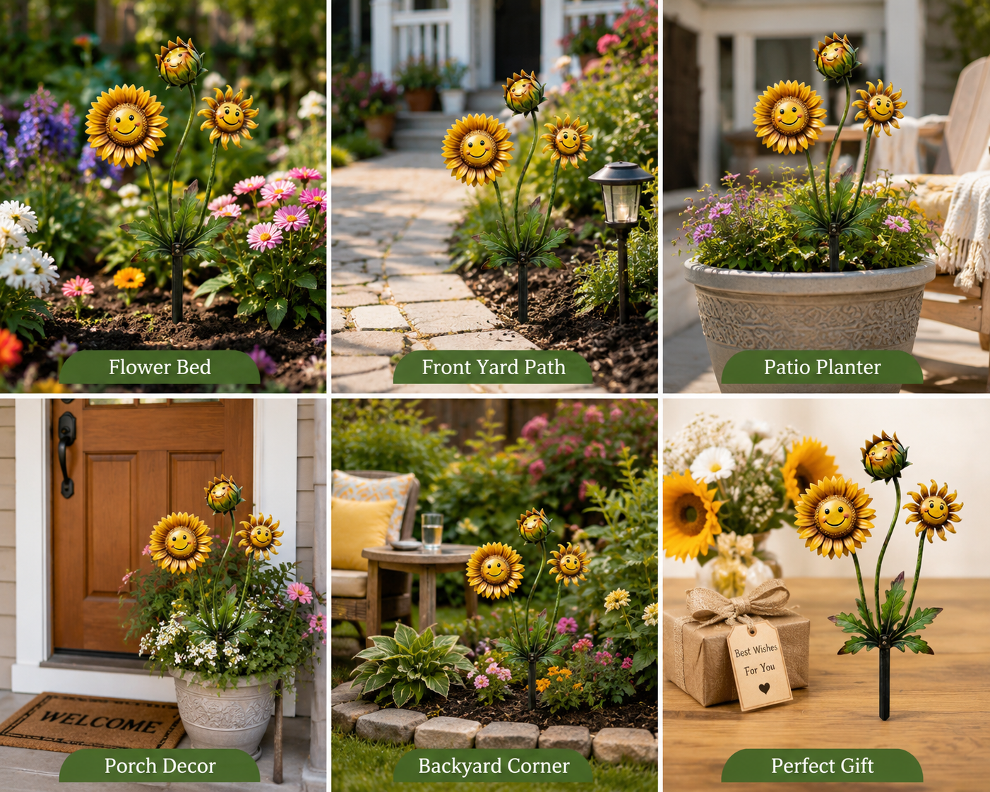 2D Smiling Sunflower Garden Stake Decor, Metal Flower Yard Art with Cute Face