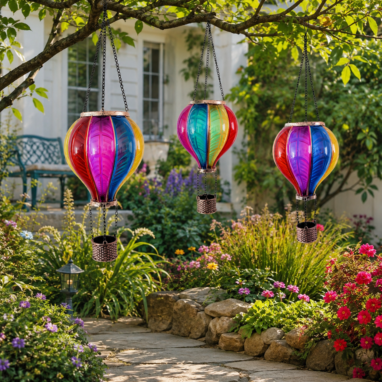 Solar Hot Air Balloon Hanging Lantern, Colorful Stained Glass Style Outdoor Solar Garden