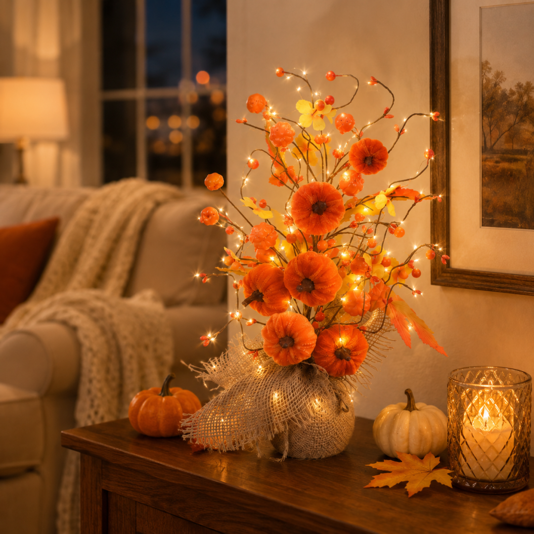 MHMJON fall floral centerpiece in wooden pot with lights