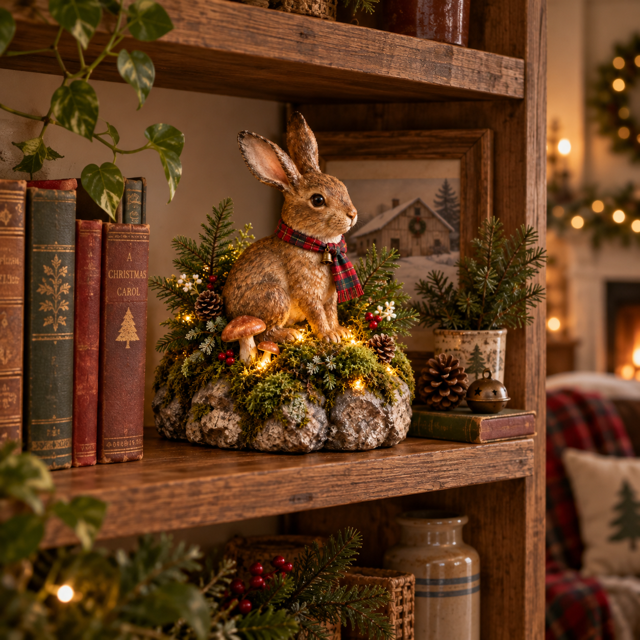 Lighted Woodland Christmas Rabbit Figurine