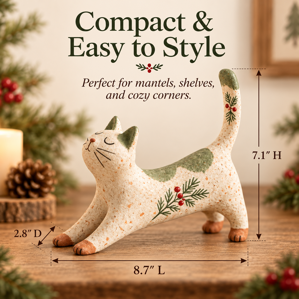 Christmas cat figurine styled for festive decor