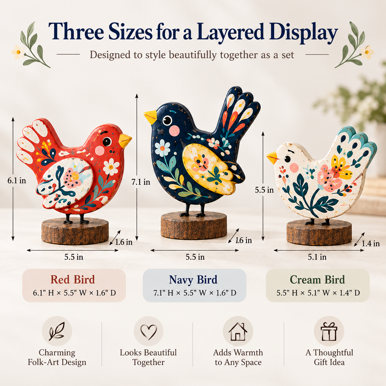 Hand-Painted Folk Art Bird Figurines – Set of 3
