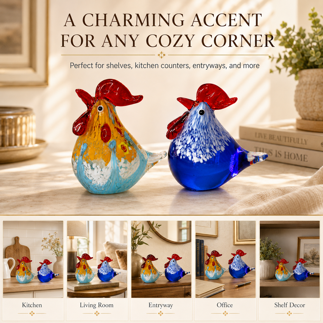 Colorful Art Glass Rooster Figurine with Luxury Gift Box 🐓✨