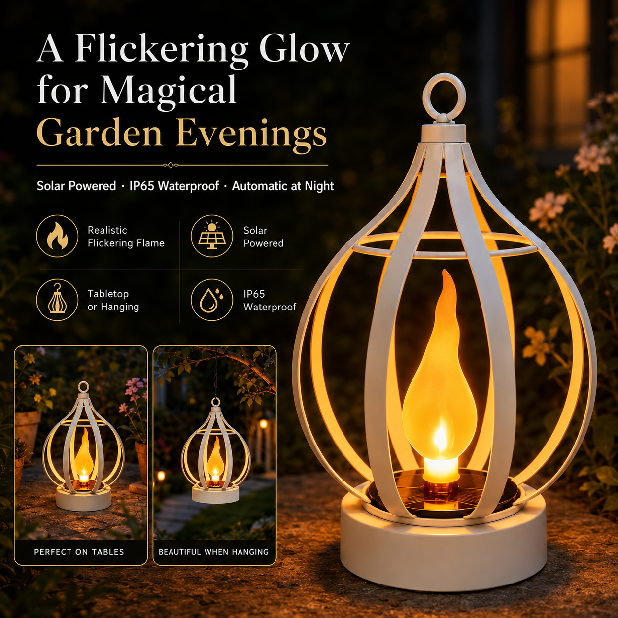 Solar Flickering Flame Metal Lantern IP65 Waterproof Hanging & Tabletop Garden Light