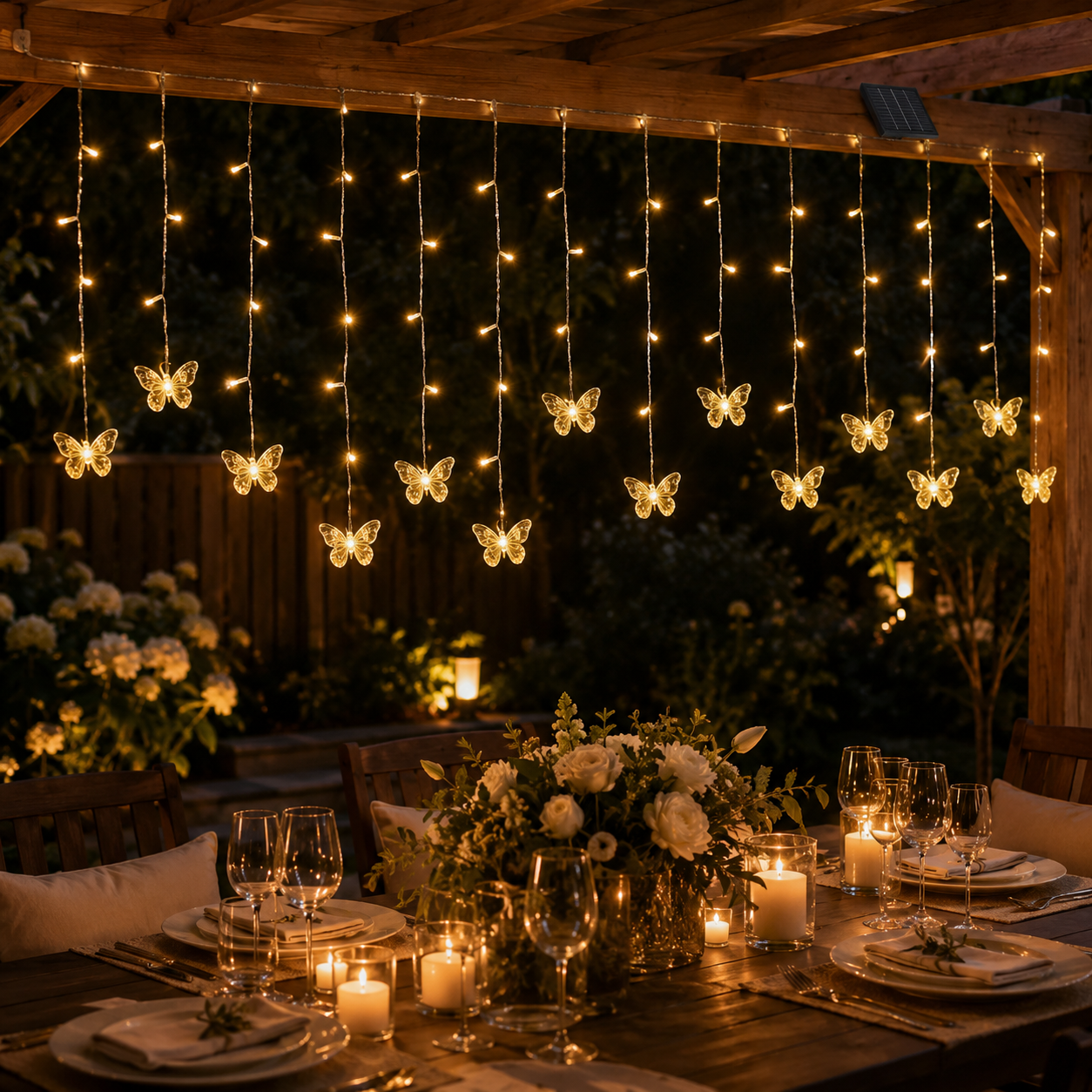 118.1 in Solar Butterfly Waterfall Curtain Lights 🦋✨ Warm White Outdoor Fairy Lights with Remote Control & 8 Lighting Modes