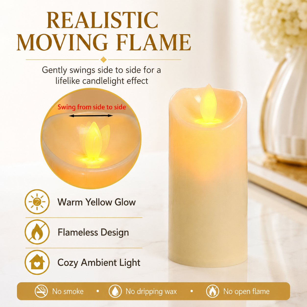 3 Pack Flameless LED Pillar Candles with Moving Flame