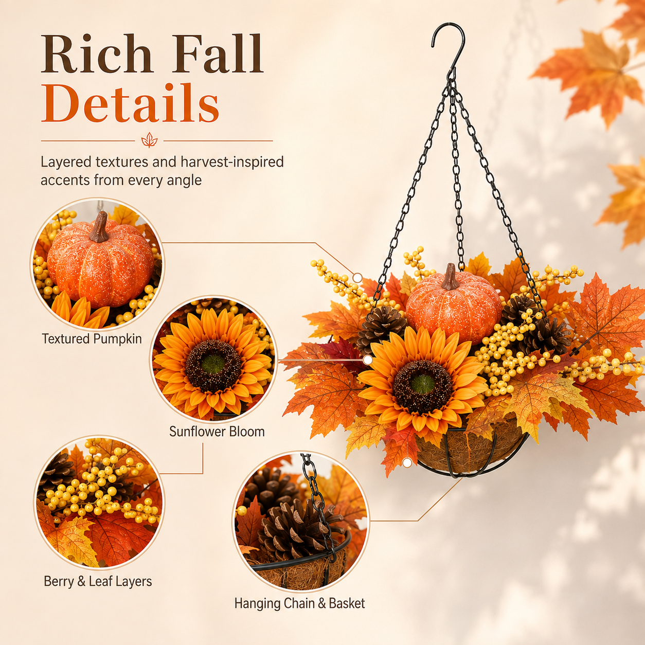 19.7 in Fall Harvest Pumpkin Hanging Basket / 1 pcs 🌻🎃