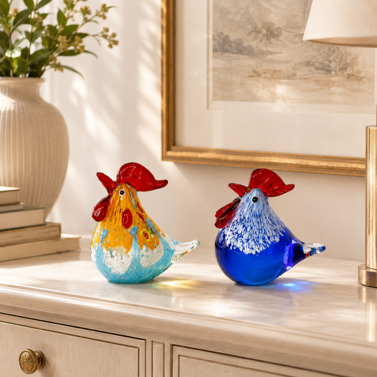 Colorful Art Glass Rooster Figurine with Luxury Gift Box 🐓✨
