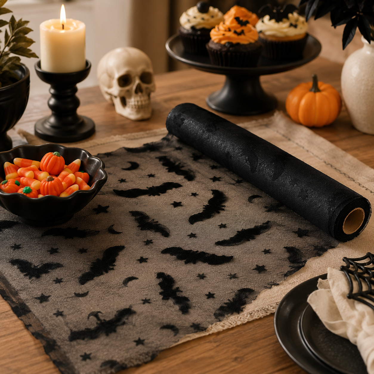 🎃 Halloween Sheer Table Runner Roll Spider Web & Bat Mesh Decor for Party Tables