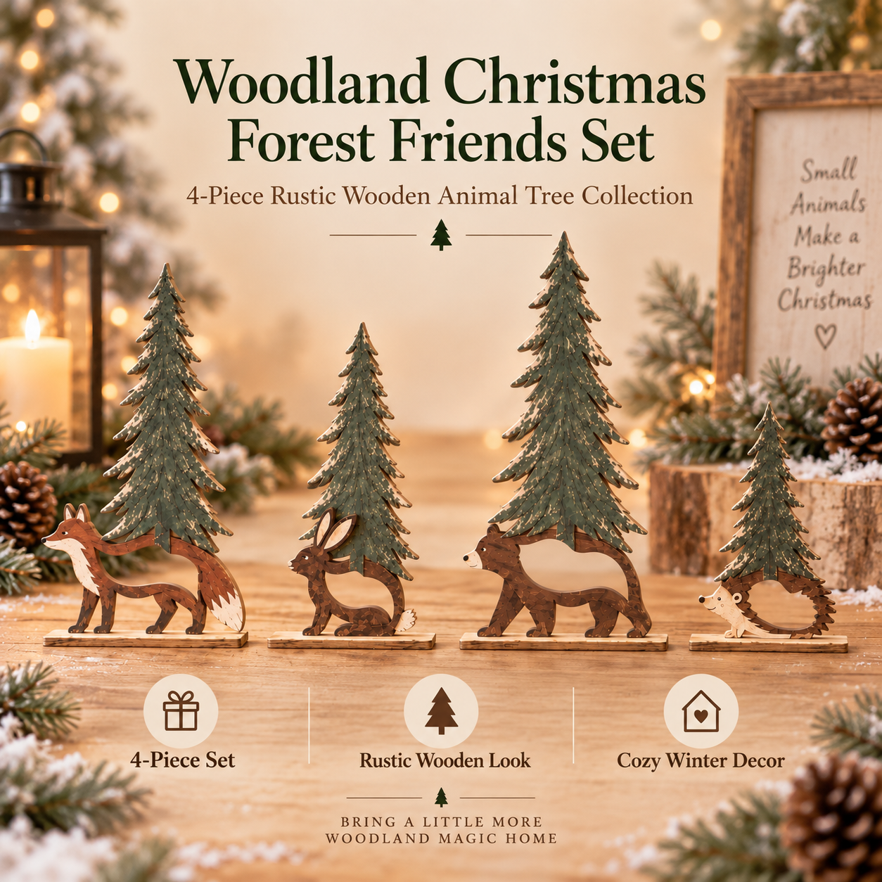 Woodland Christmas Forest Friends Set - 4 Piece Rustic Wooden Animal Tree Decor