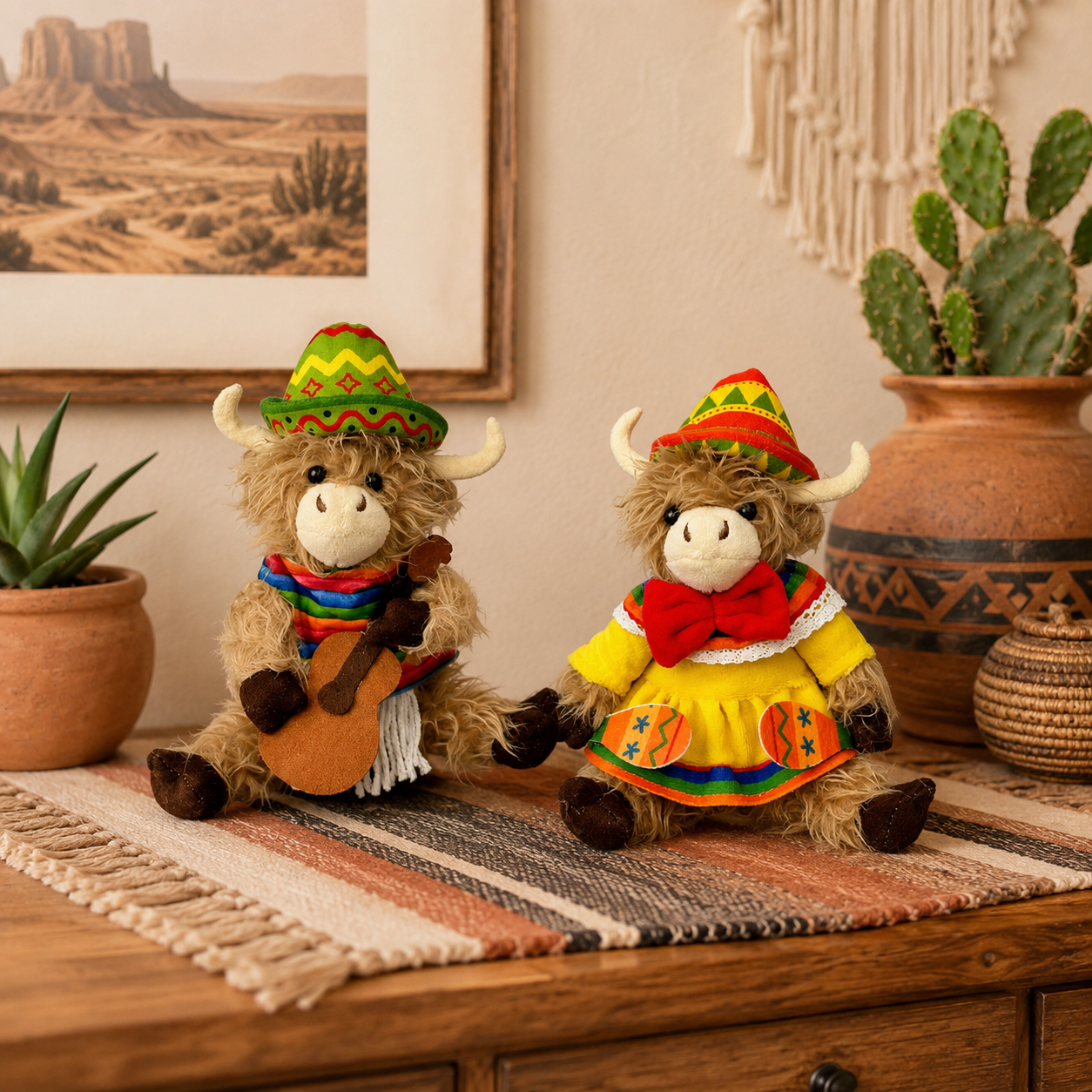 Fiesta Highland Cow Plush Duo – 2-Piece Western Music Farmhouse Decor