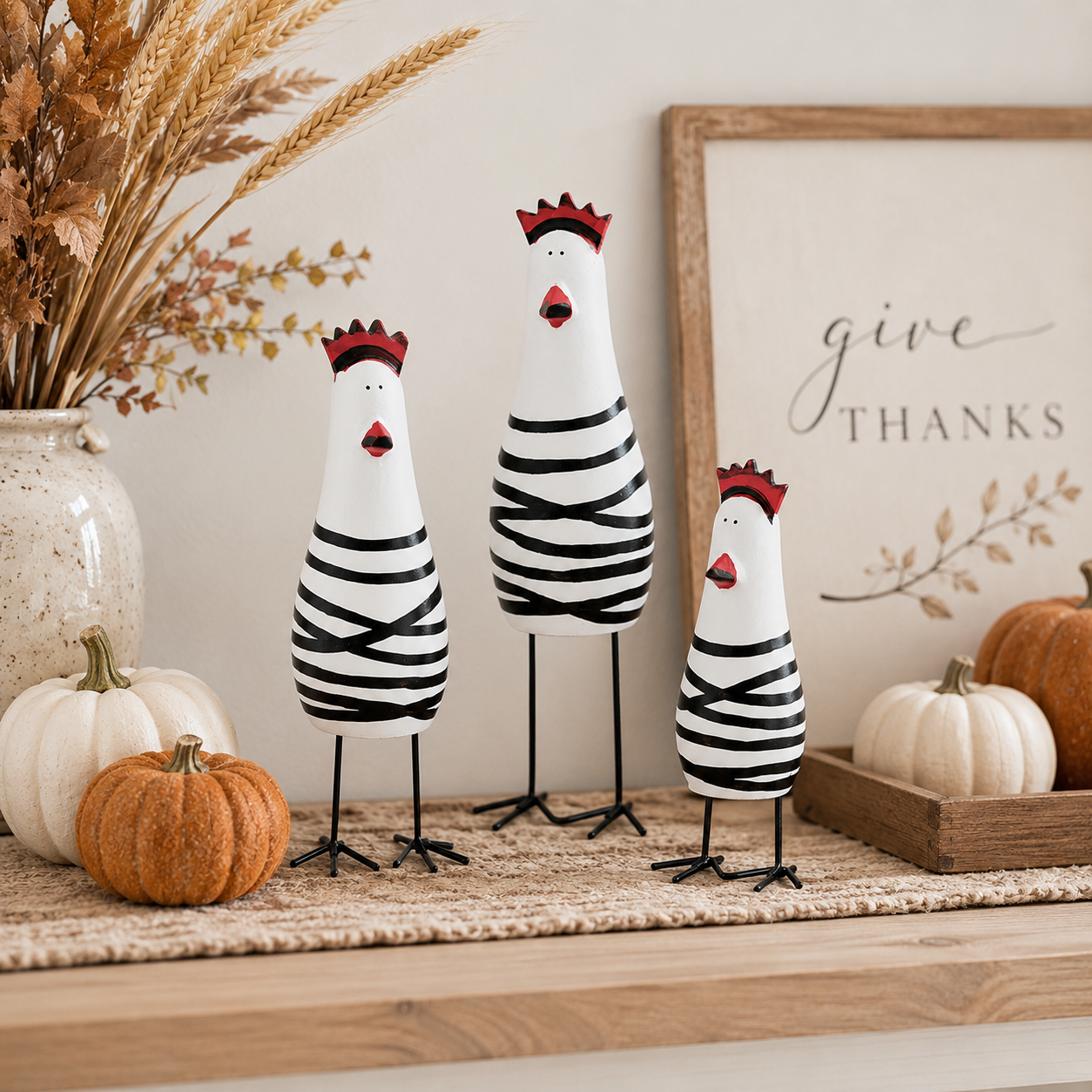 Whimsical Hand-Painted Wooden Chicken Figurines – Set of 3 🐓