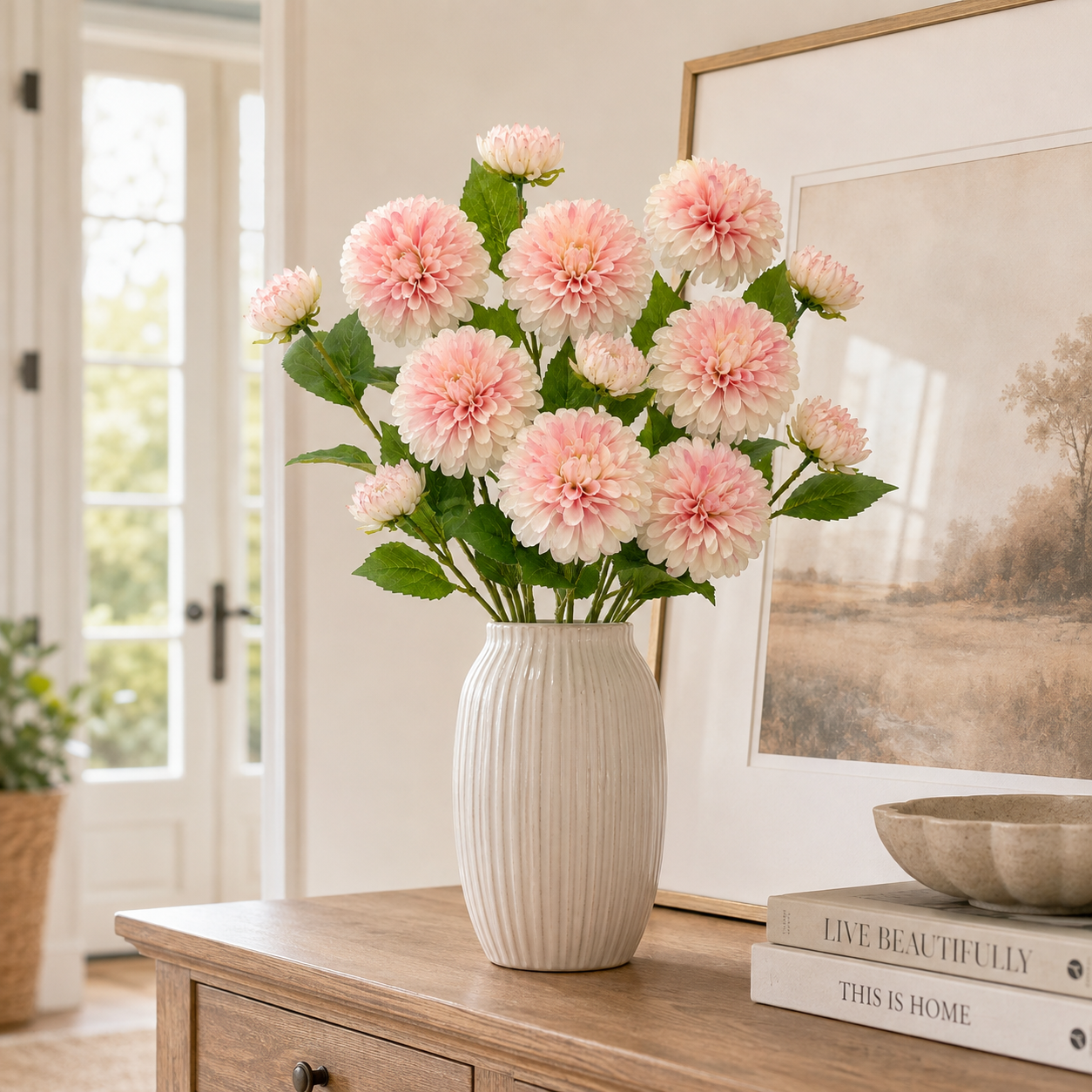 29.9 in Lifelike Dahlia Artificial Flower Bouquet – 5 Stems, 15 Blooms