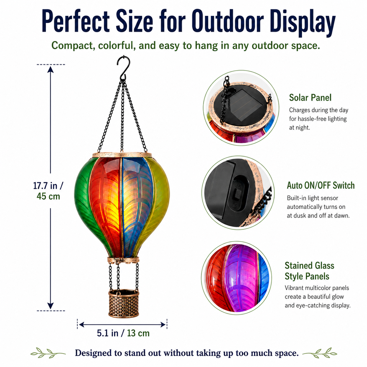 Solar Hot Air Balloon Hanging Lantern, Colorful Stained Glass Style Outdoor Solar Garden