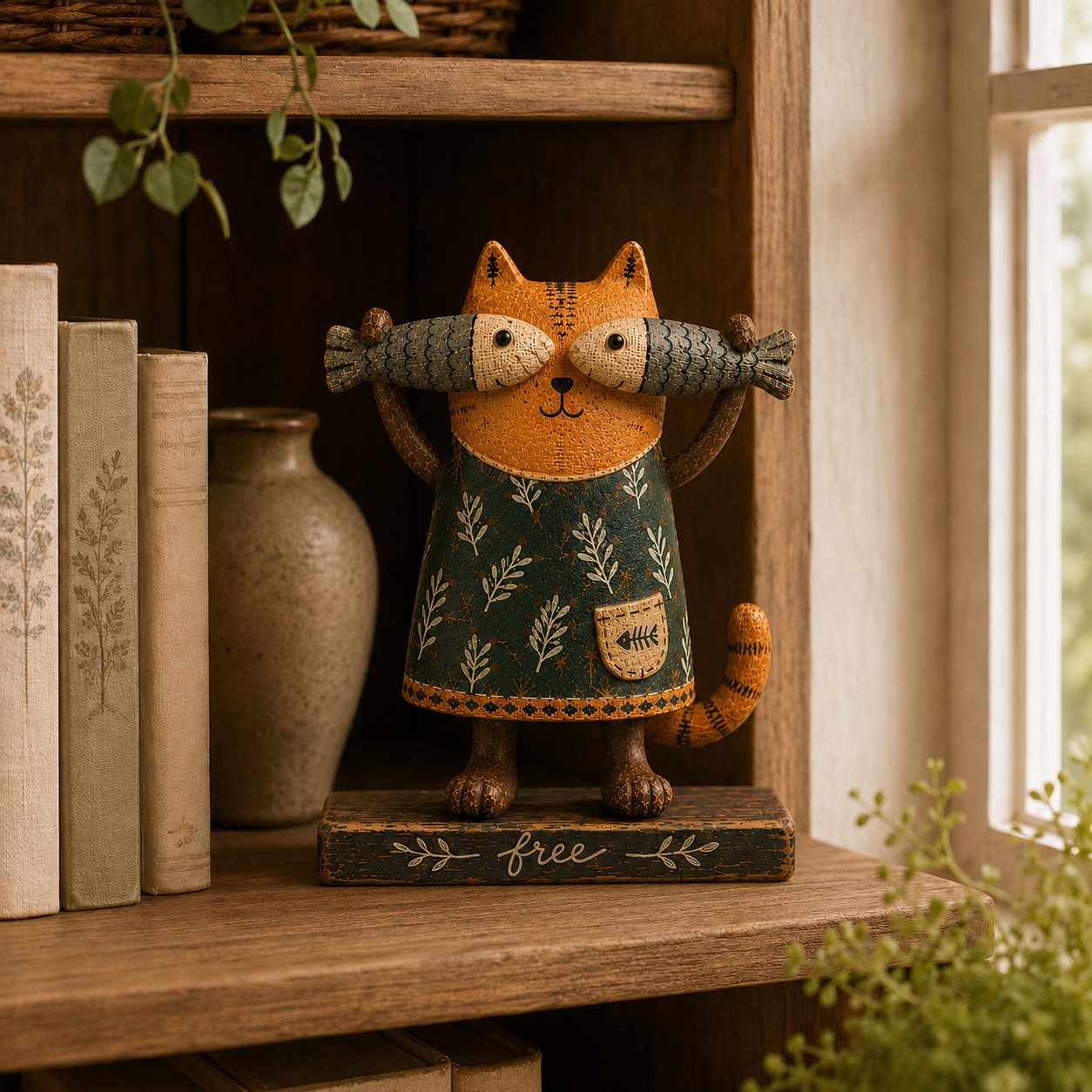 Free Spirit Cat with Fish Wooden Figurine