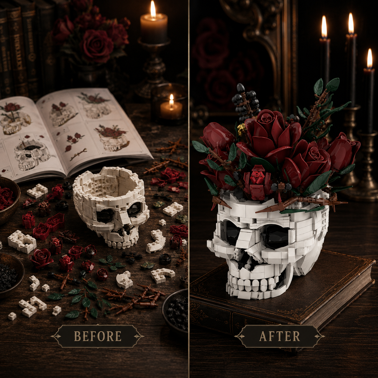 Gothic Rose Skull Building Block Flower Vase🖤🌹 – 1123 PCS DIY Dark Romantic Home Decor Gift