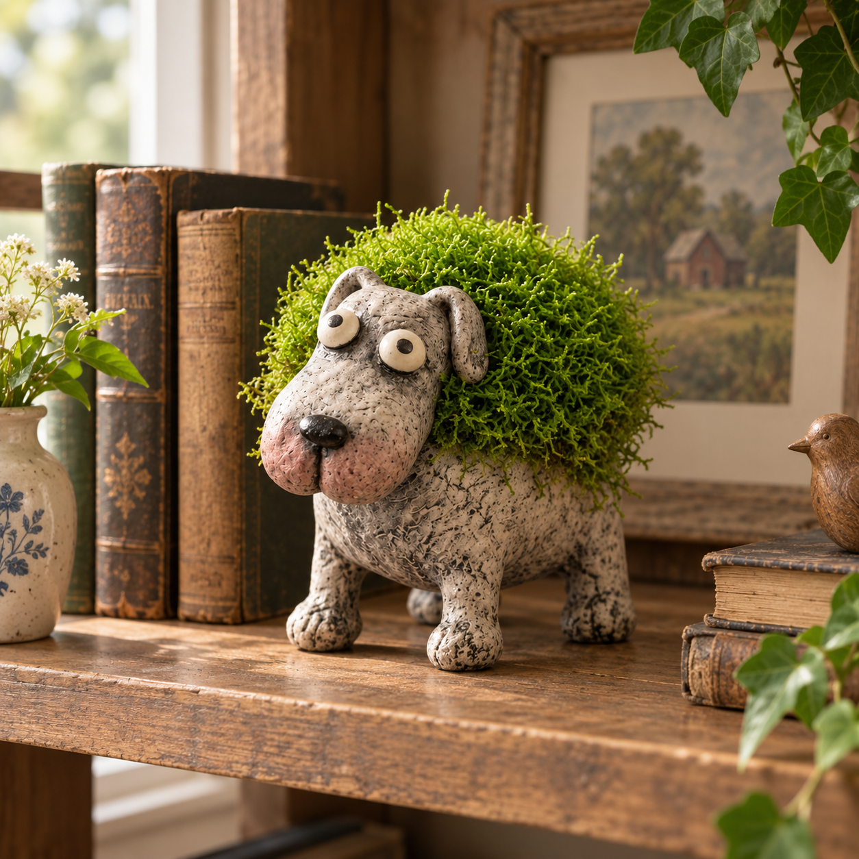 Whimsical Moss-Back Dog Figurine