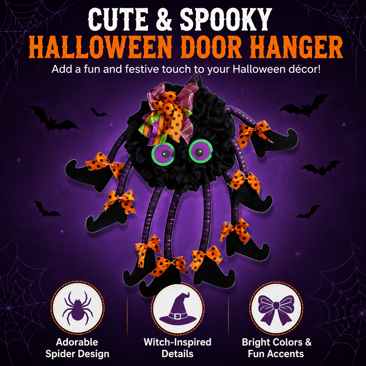 Halloween Spider Door Hanger--21.7 Inch Black Spider Wreath with Witch Legs