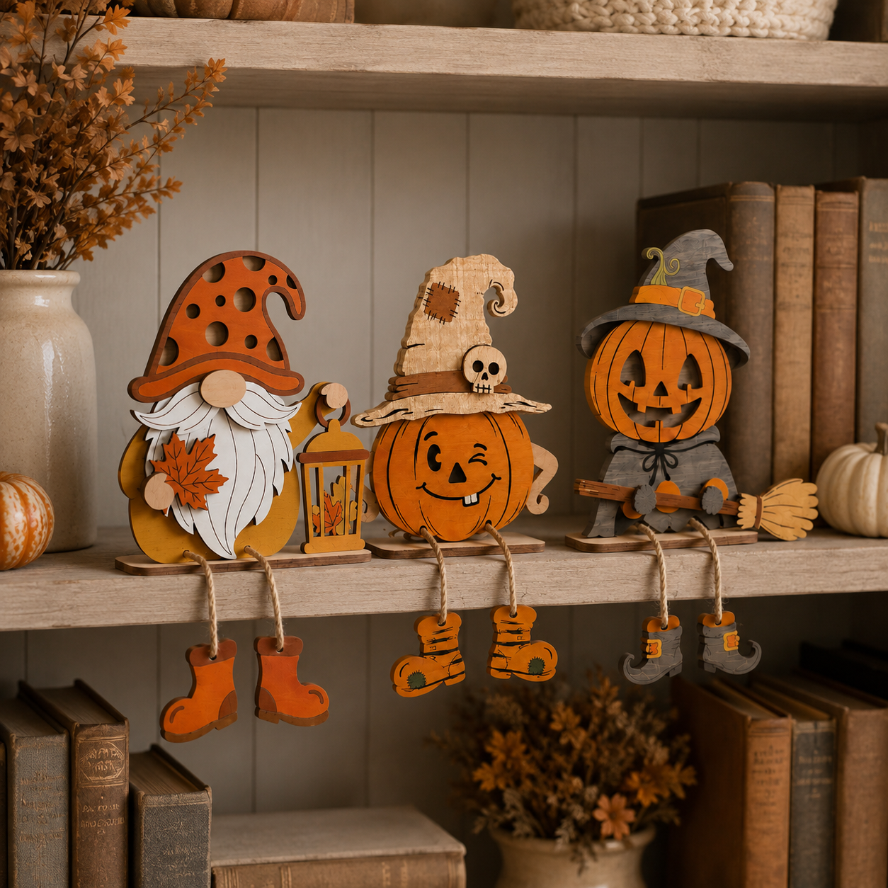 3-Piece Wooden Fall & Halloween Dangling-Leg Shelf Sitter Set