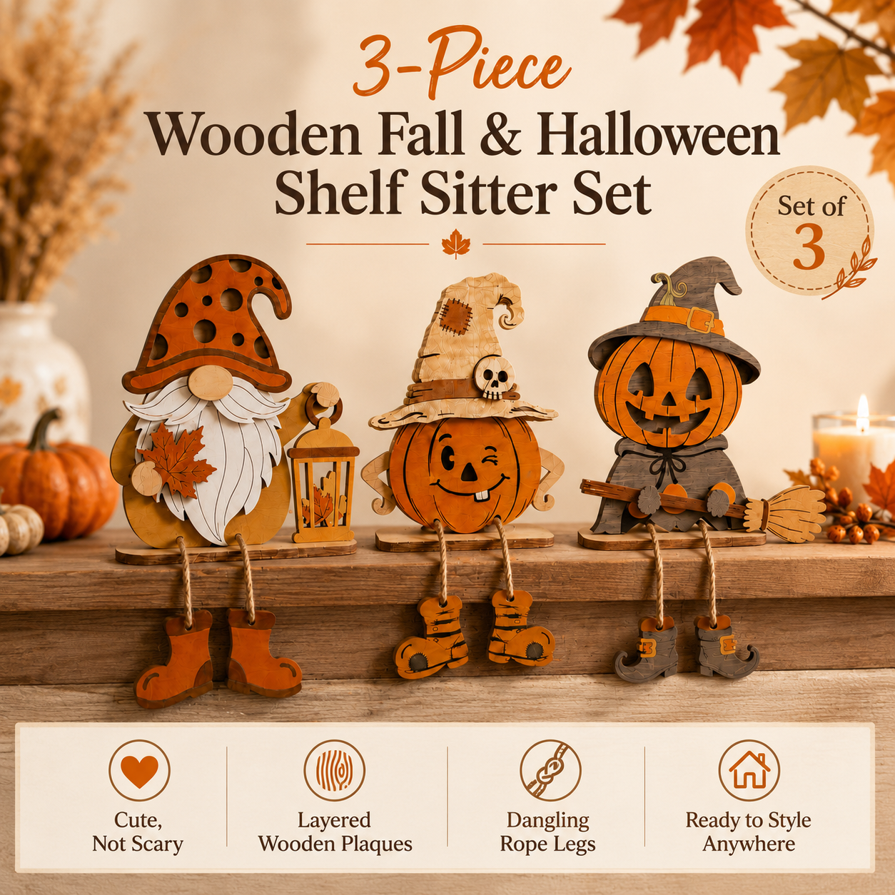 3-Piece Wooden Fall & Halloween Dangling-Leg Shelf Sitter Set