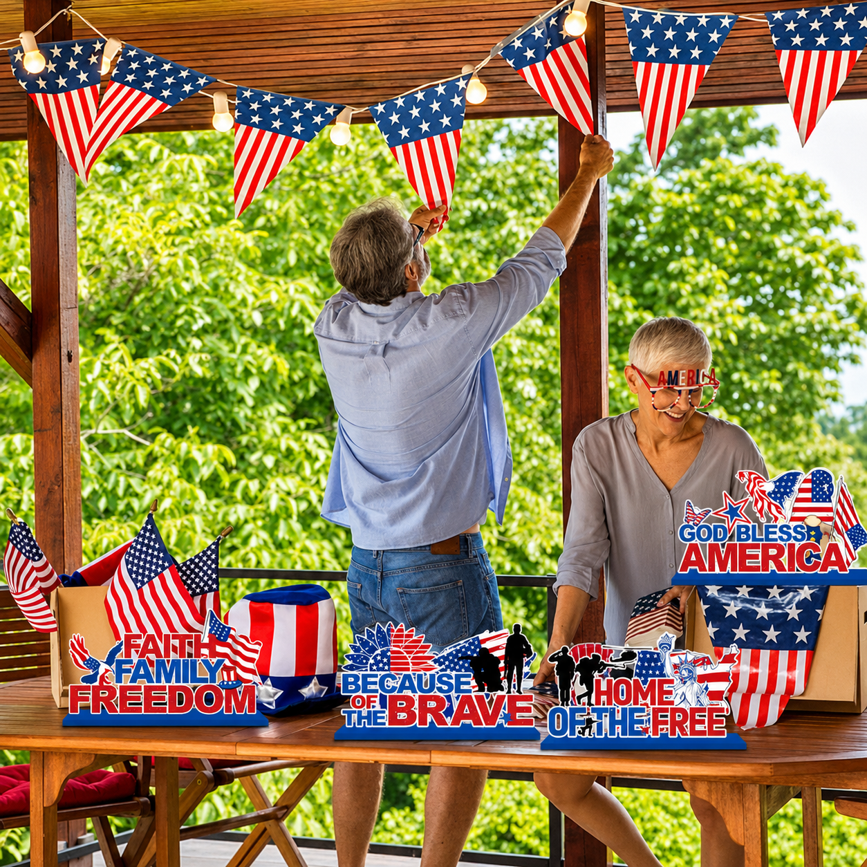 4pcs Patriotic Wooden Tabletop Signs – “Home of the Free”, “Because of the Brave”, “God Bless America”, “Faith Family Freedom”
