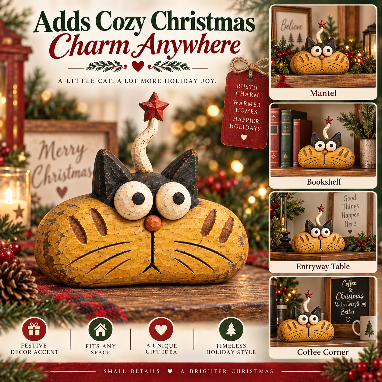 Rustic Christmas Star Cat Figurine